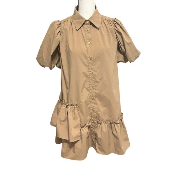 J.ING Mini Shirt Dress Sz Small Khaki Brown Tiered Short Puff Sleeves - Picture 7 of 10